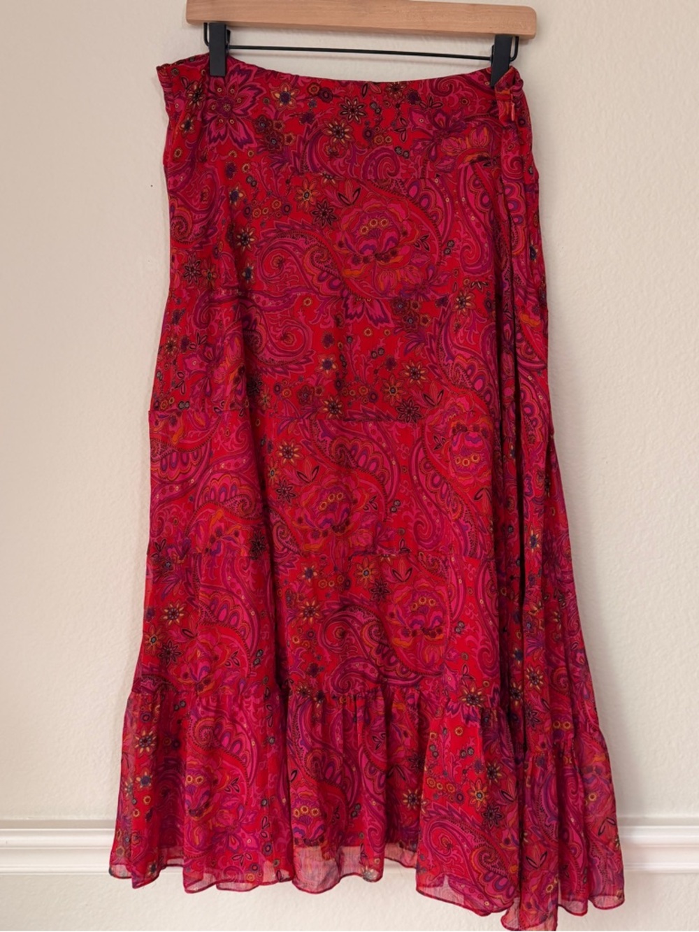 Investments Red Pink Paisley‎ Boho Midi Skirt Flowy Tiered Festival Cottagecore